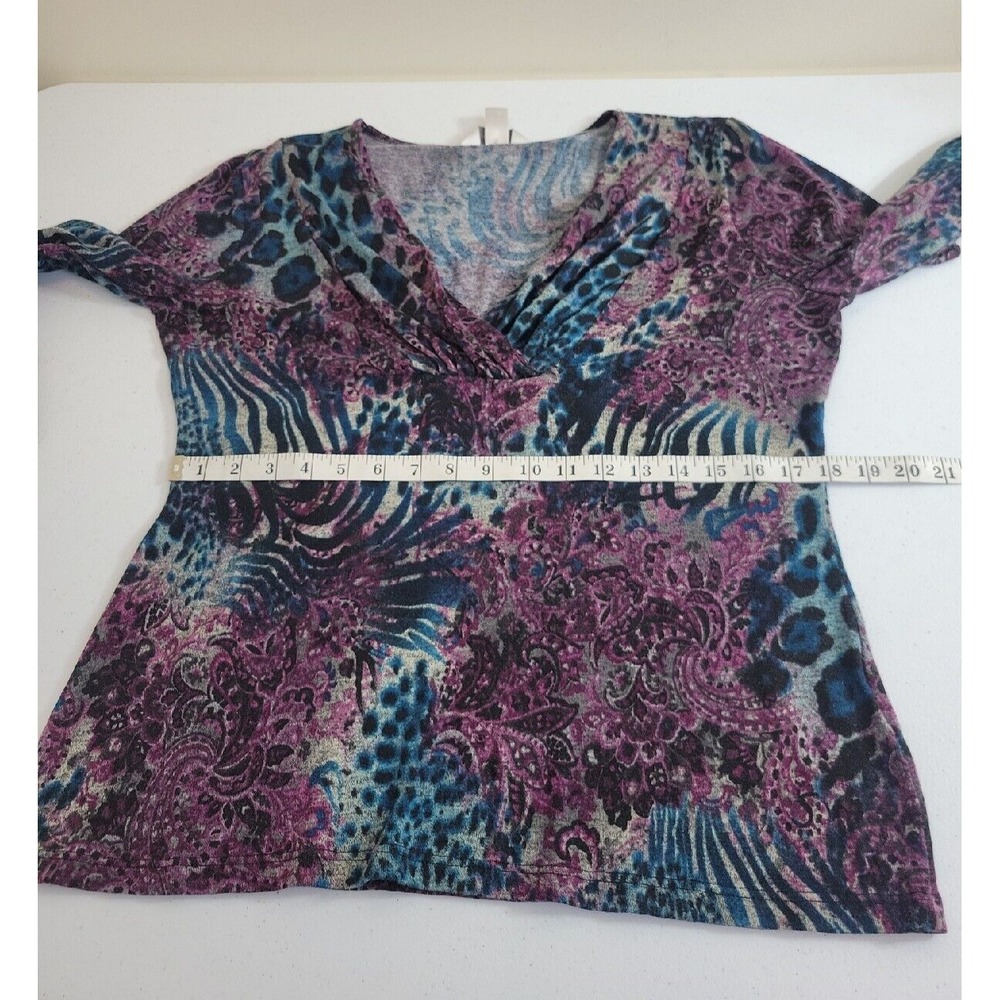 Christopher & Banks Top Animal Print Paisley Faux Wrap V-Neck Purple Teal Large - Picture 7 of 12